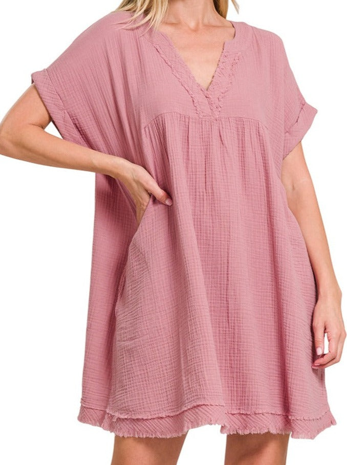 Gauze Short Sleeve V-Neck Dress